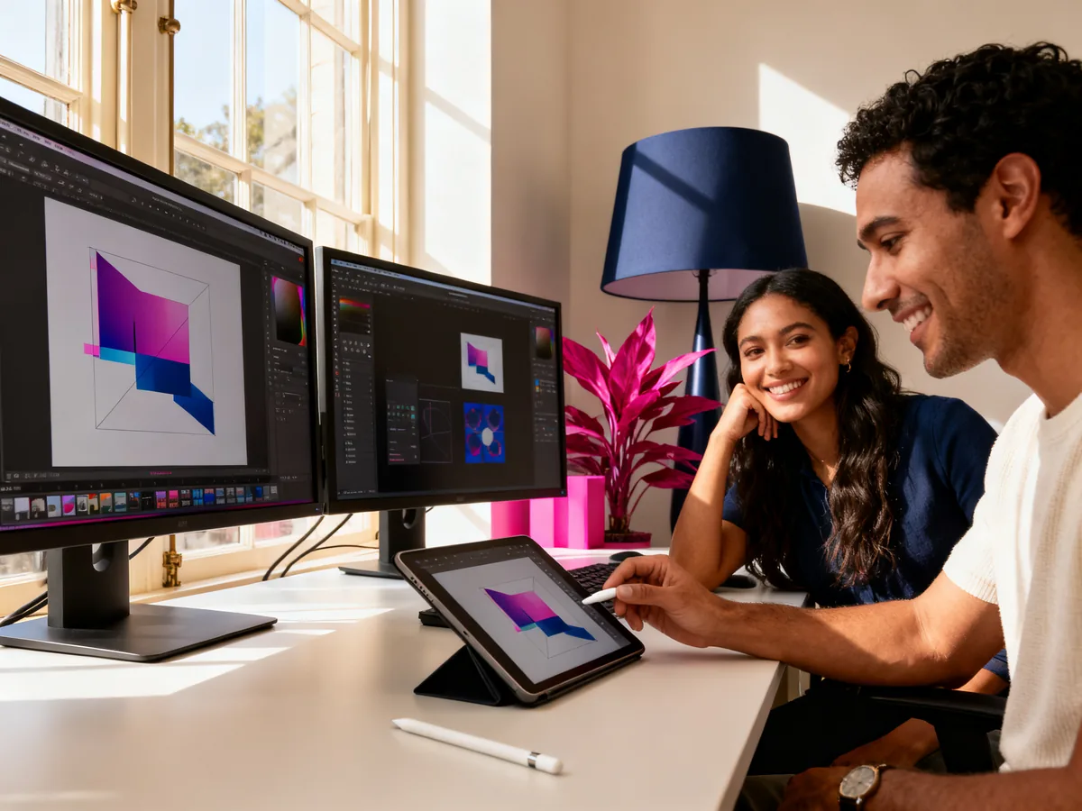 Différents écrans montrant des logiciels alternatifs à Canva pour le design : Adobe, Affinity, Figma, Vectr sur bureau créatif
