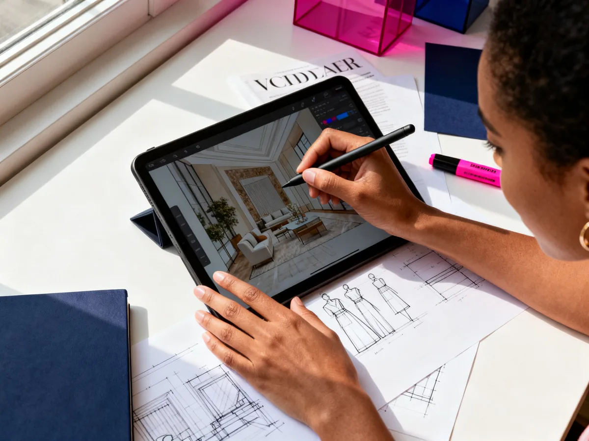 Mains de graphiste retouchant un visuel Canva sur tablette numérique, ambiance studio créatif moderne