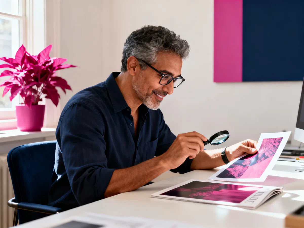 Graphiste évaluant la qualité d'impression d'une carte créée sur Canva, ambiance studio professionnel