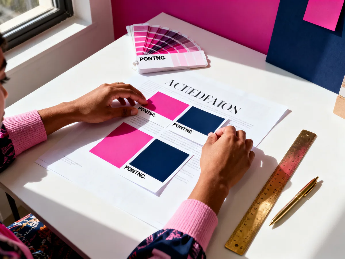 Flat lay de swatches de couleurs Pantone et samples typographiques sur bureau créatif — conseils design Canva