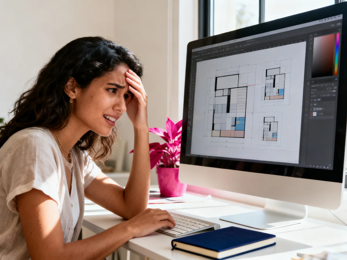 Designer frustrée face à son écran présentant les erreurs Canva courantes — typographie, palette, mise en page