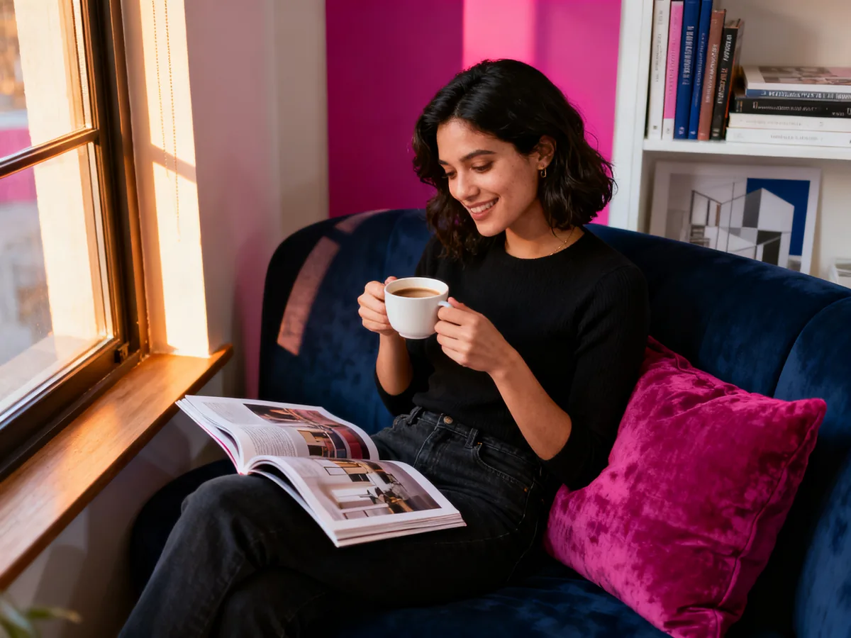 Femme lisant un magazine design dans un canapé moderne — blog Maquette Pro sur la retouche Canva