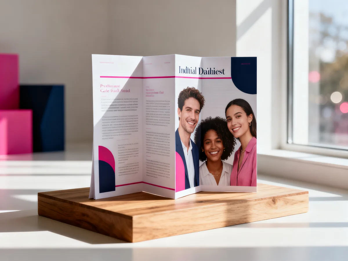 Brochure Canva pliée 3 volets ouverte sur un présentoir professionnel, design moderne et lisible