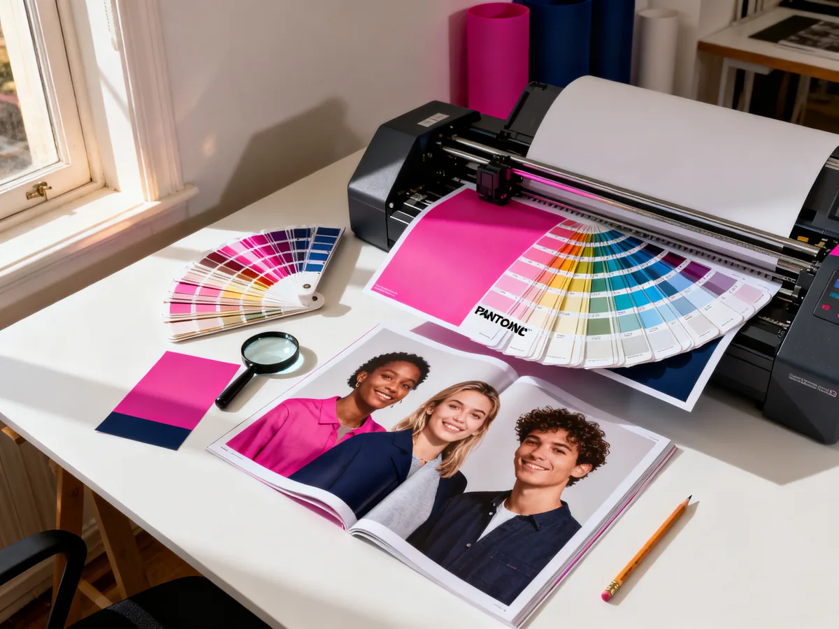 Workspace de prépresse imprimerie avec Pantone fan, color test sheets et loupe Pantone, ambiance professionnelle