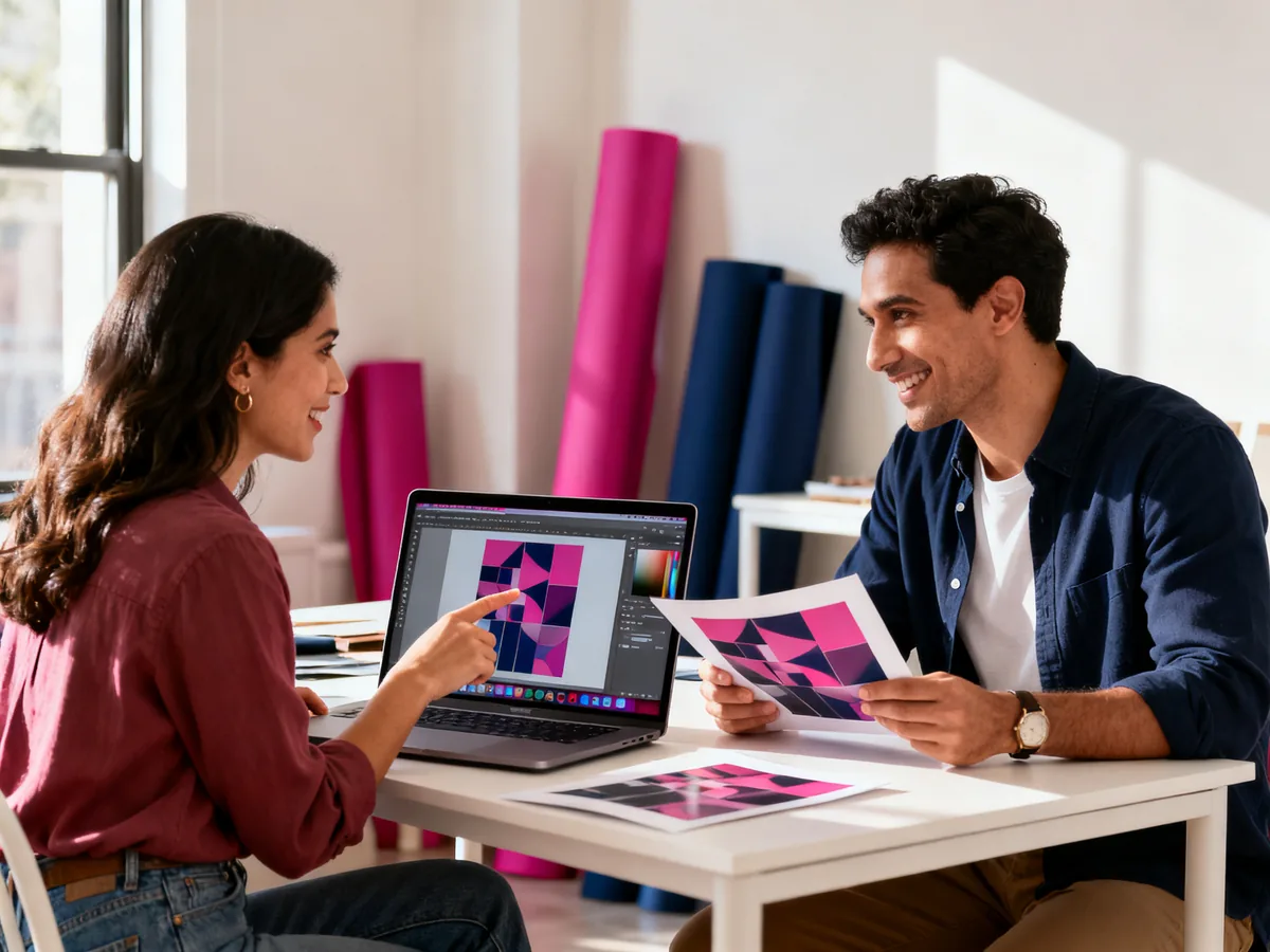 Deux designers comparant un design Canva avec une version retouchée par un graphiste pro, débat collaboratif