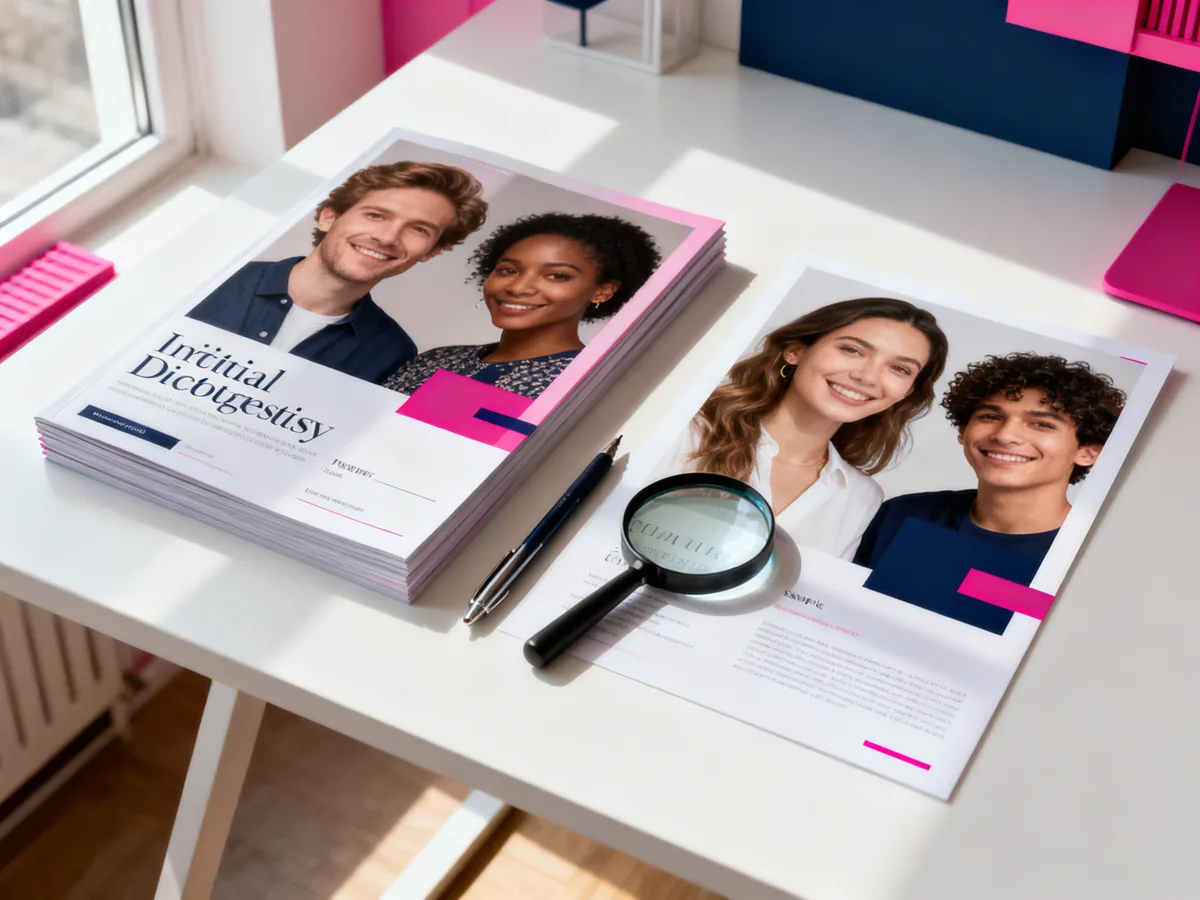 Comparaison de deux supports de communication imprimés côte à côte sur table, ambiance bureau créatif