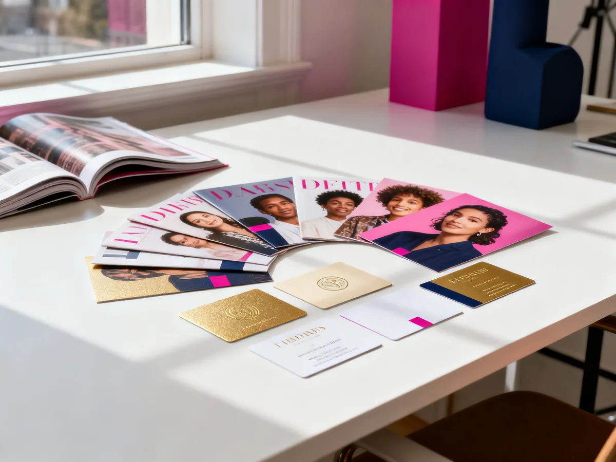 Pile de cartes de visite Canva imprimées en différents formats et finitions sur surface de bureau créatif