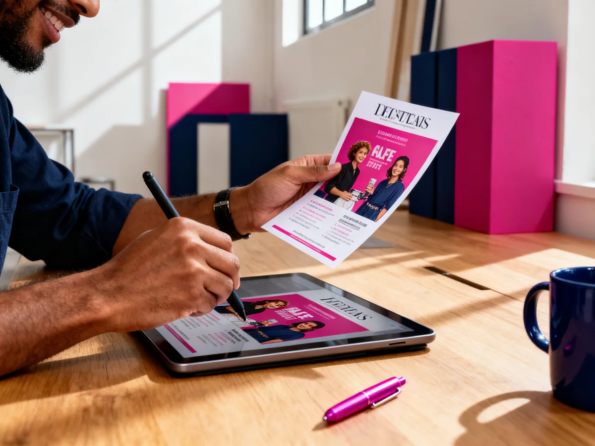 Graphiste corrigeant un flyer Canva sur tablette graphique avec stylet numérique — service correction flyer Canva