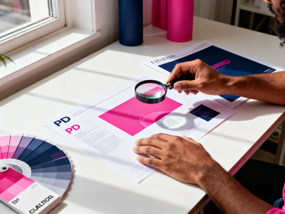 Mains de graphiste utilisant une loupe pour inspecter un PDF Canva imprimé, contrôle qualité avant impression