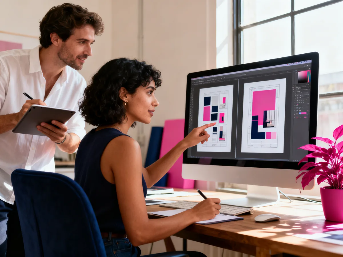 Deux graphistes pros collaborant sur la transformation d'un design Canva amateur en livrable professionnel sur grand écran