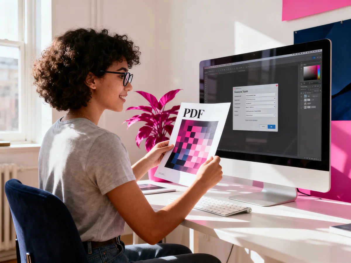 Graphiste exportant un PDF d'impression depuis Canva sur grand monitor avec un PDF imprimé comme référence