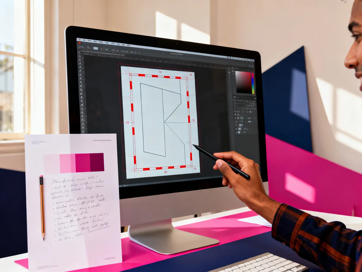 Écran montrant un design Canva avec fonds perdus et repères de coupe activés, stylo et notes manuscrites à côté