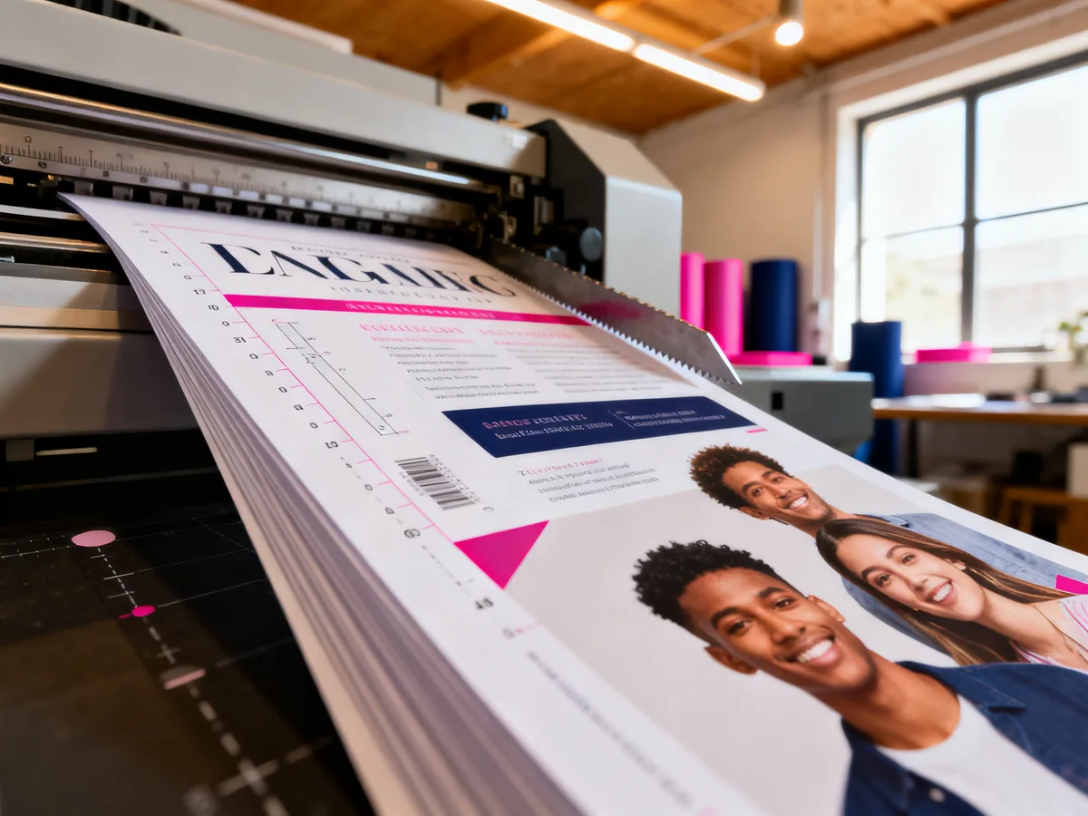 Imprimerie professionnelle avec sheets fraîchement imprimés et repères de coupe visibles, précision de découpe