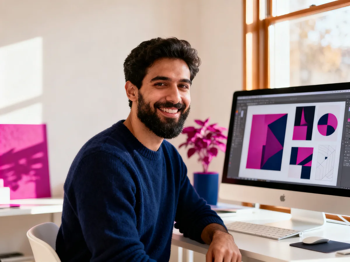 Portrait d'un graphiste pro spécialisé Canva souriant dans son studio créatif moderne, palette magenta et bleu marine