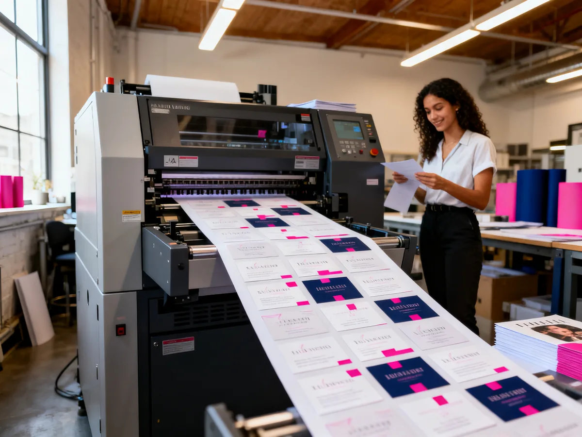 Imprimerie professionnelle imprimant des cartes de visite Canva sur presse offset moderne, ambiance industrielle propre