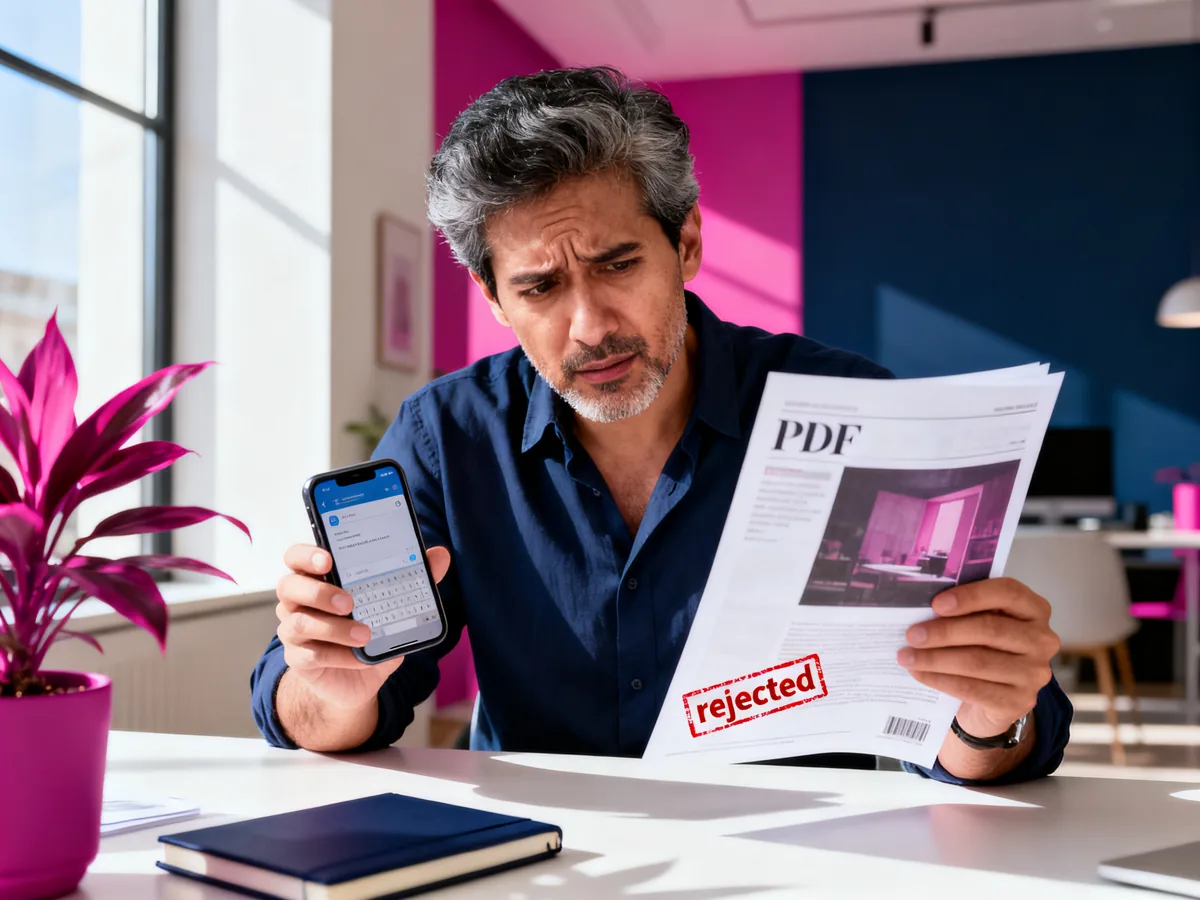 Entrepreneur regardant un email de refus d'imprimerie sur son téléphone, expression préoccupée, ambiance bureau moderne