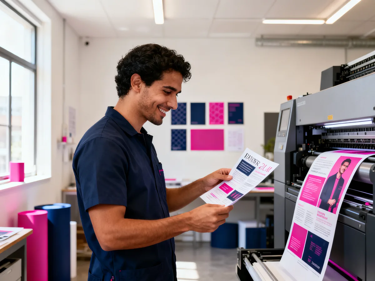 Technicien imprimeur examinant un flyer fraîchement sorti d'une imprimerie professionnelle pour validation CMJN et fonds perdus