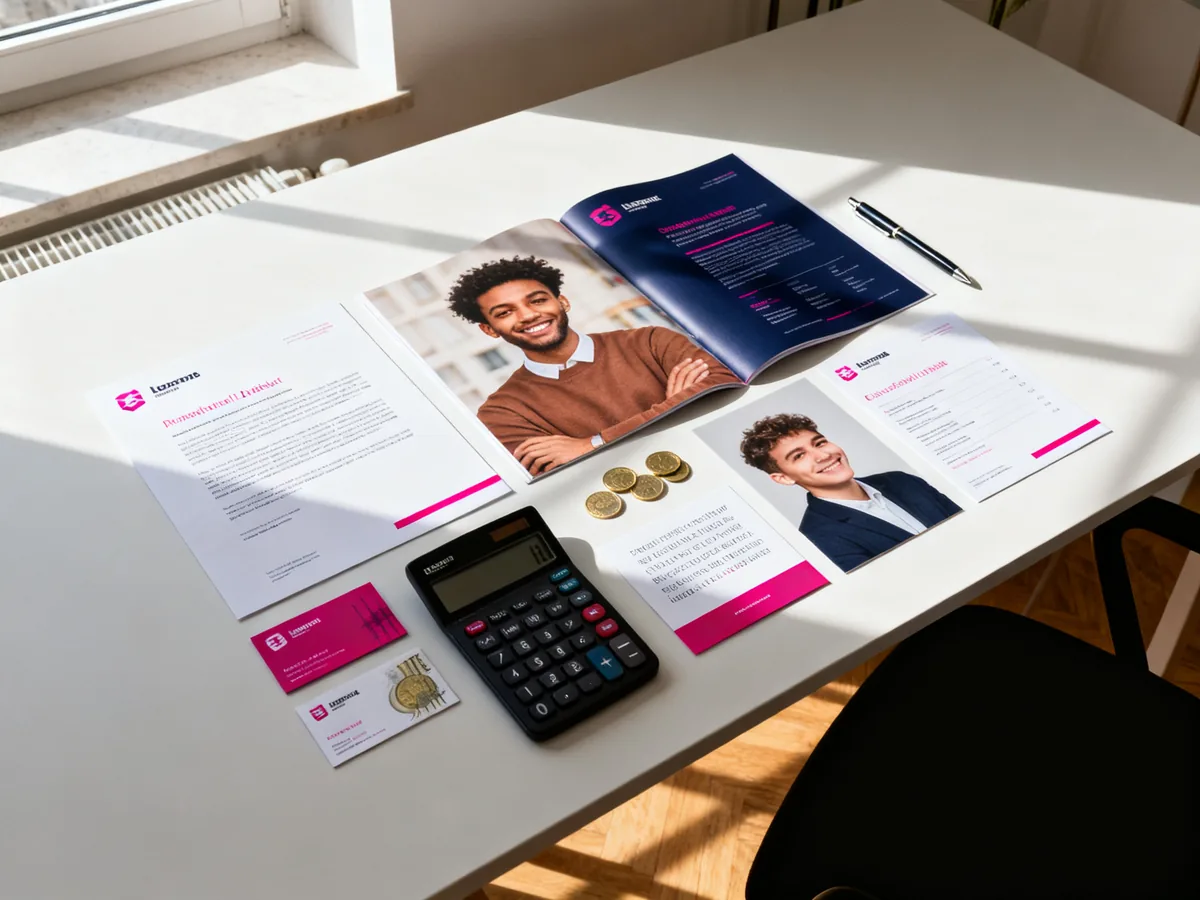 Calculatrice et différents supports imprimés depuis Canva — carte de visite, flyer, plaquette — sur bureau de chef d'entreprise