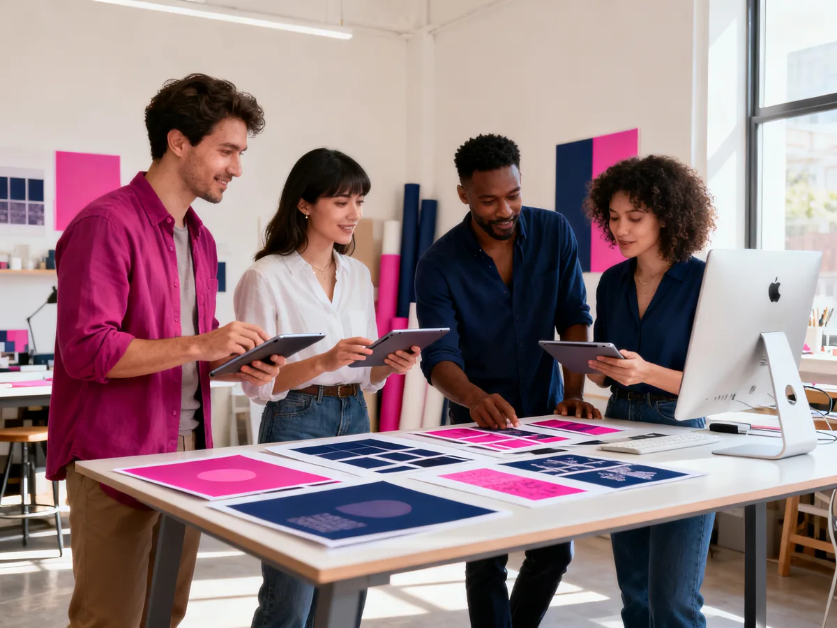 Équipe de quatre graphistes Maquette Pro collaborant autour de maquettes imprimées dans leur studio créatif