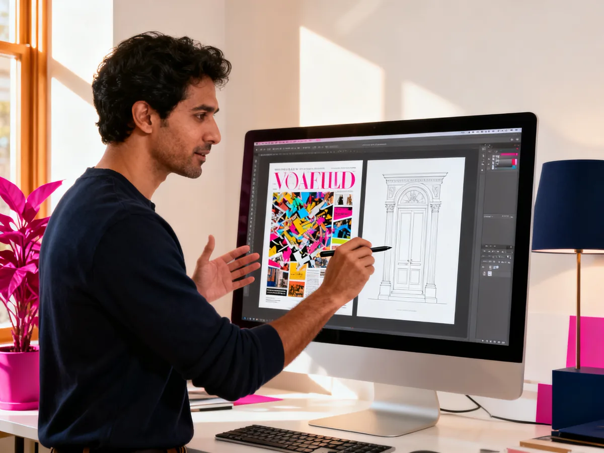 Graphiste pro transformant un design Canva amateur en livrable professionnel sur grand écran, Maquette Pro