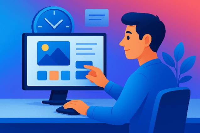 Graphiste retravaillant rapidement une maquette Canva avec gain de temps
